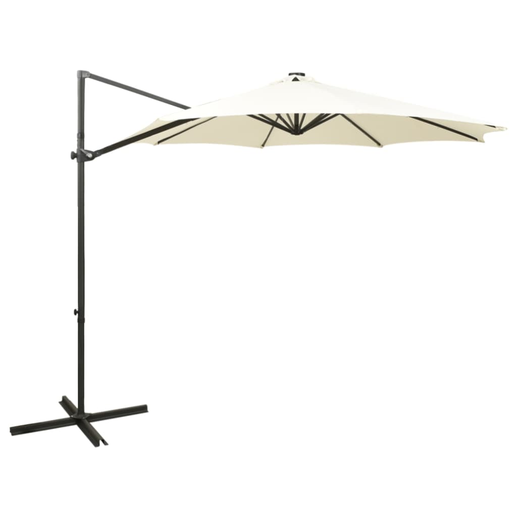 Parasol de jardin en porte-à-faux et mât et lumières LED sable