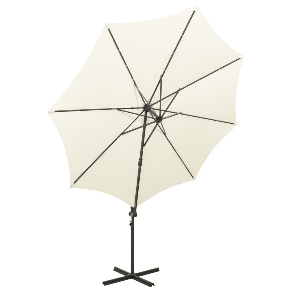 Parasol de jardin en porte-à-faux et mât et lumières LED sable