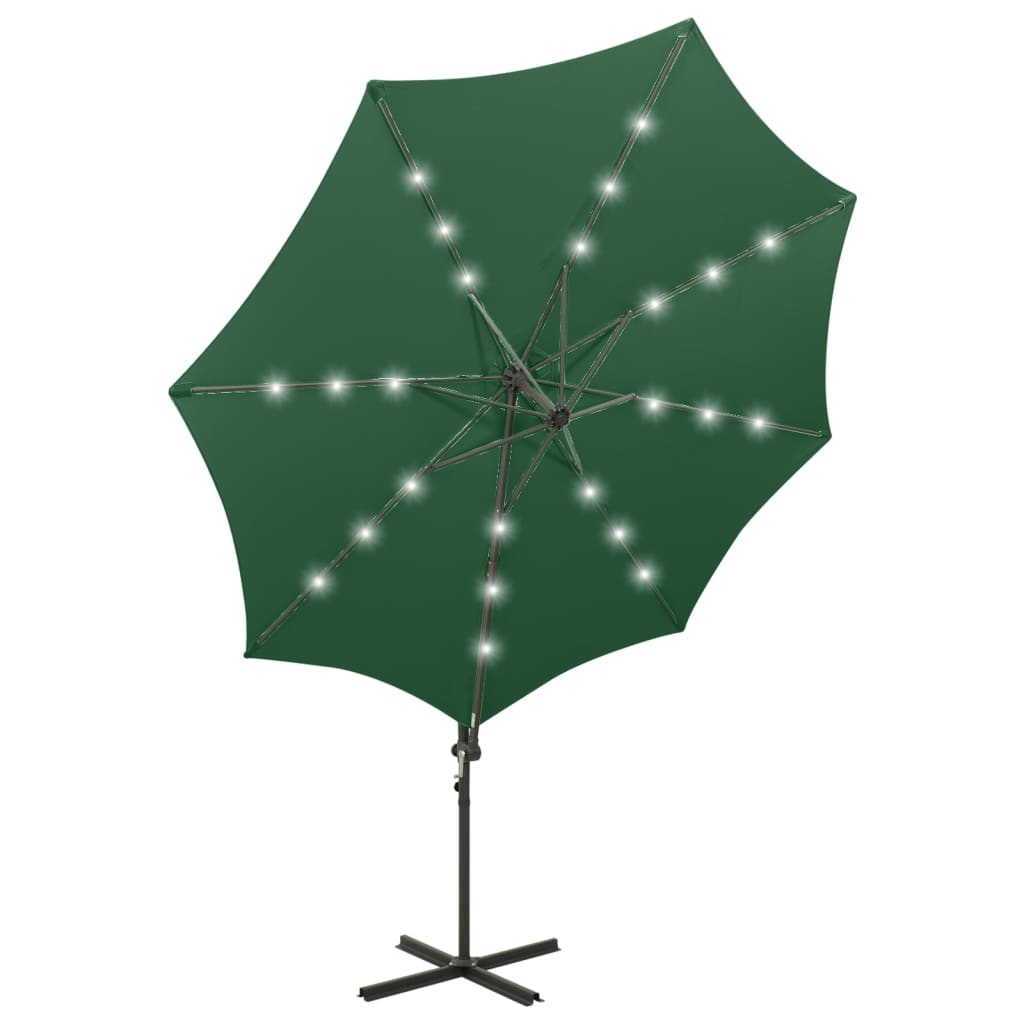 Parasol de jardin en porte-à-faux et mât et lumières LED vert