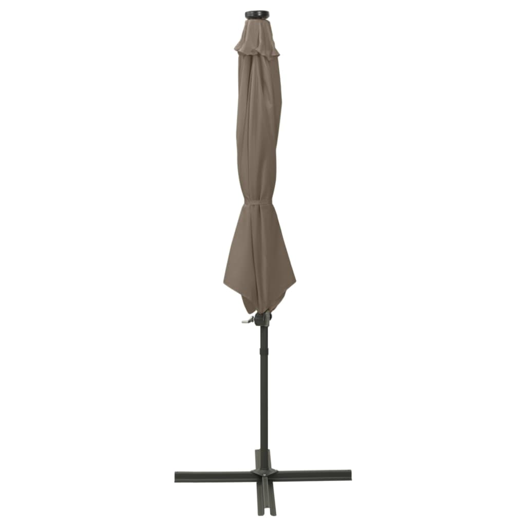 Parasol de jardin en porte-à-faux et mât et lumières LED taupe