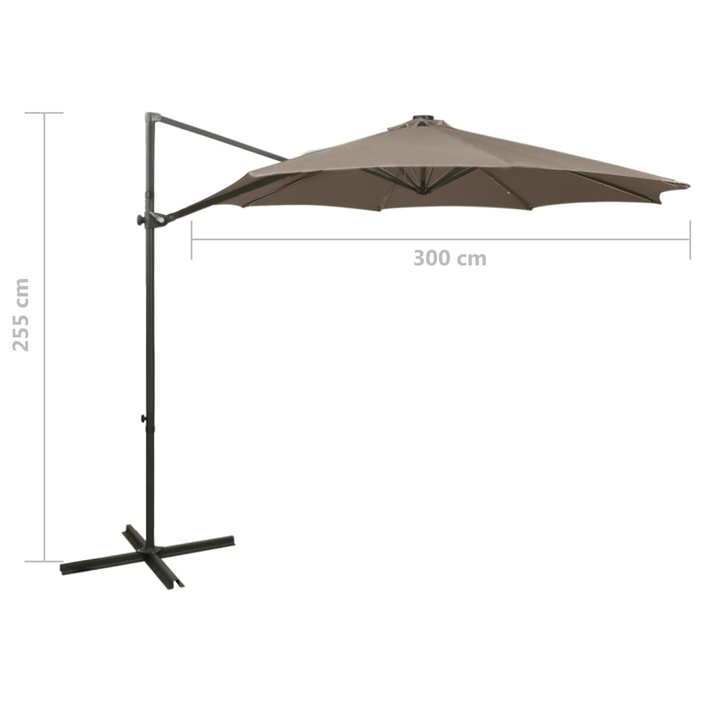 Parasol de jardin en porte-à-faux et mât et lumières LED taupe