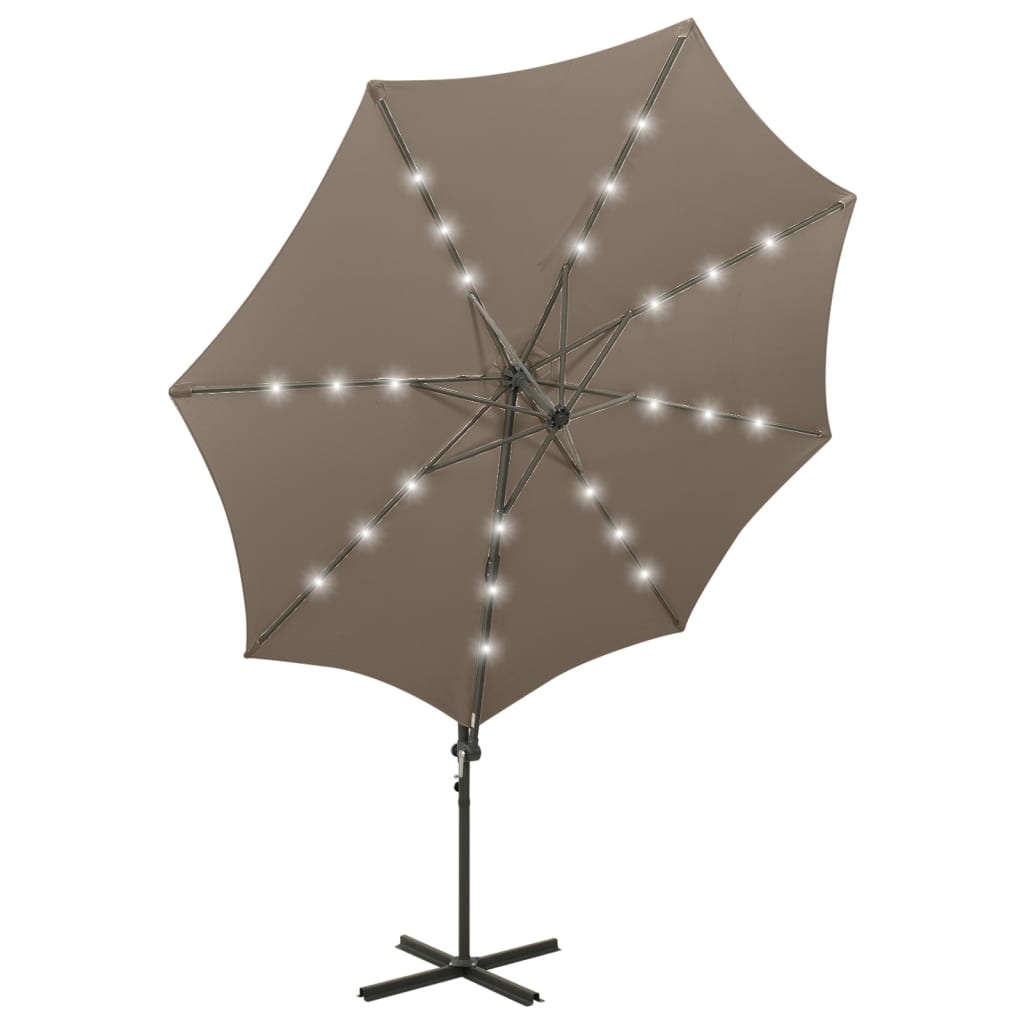 Parasol de jardin en porte-à-faux et mât et lumières LED taupe