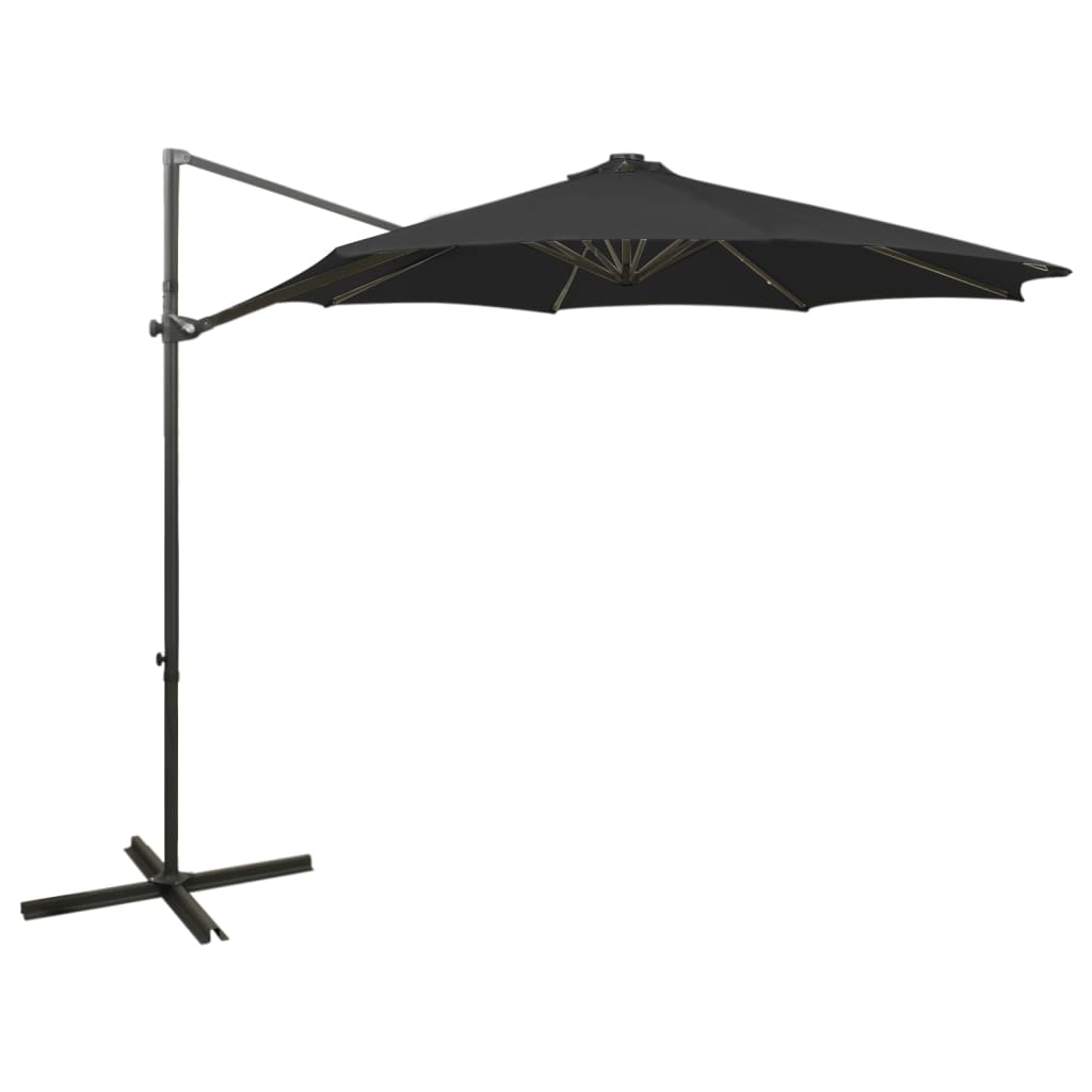 Parasol de jardin en porte-à-faux et mât et lumières LED noir