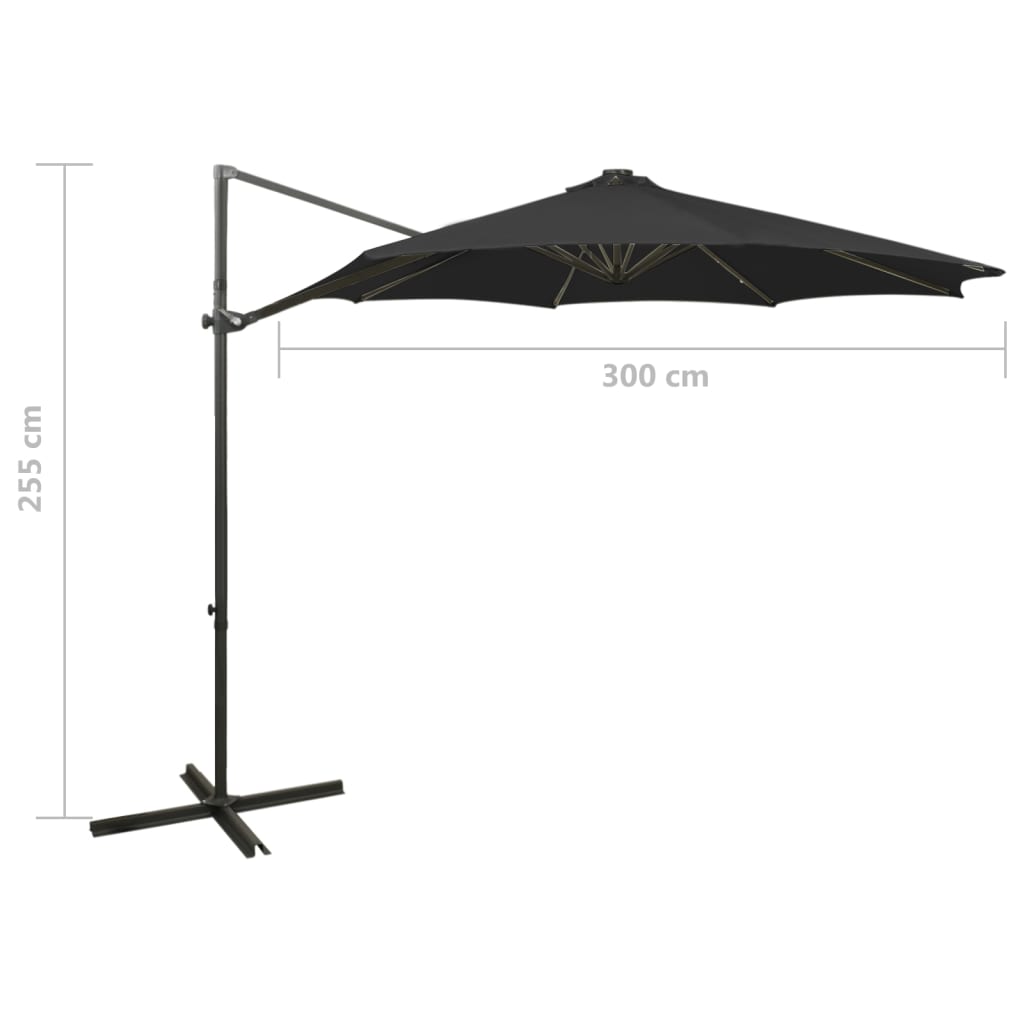 Parasol de jardin en porte-à-faux et mât et lumières LED noir