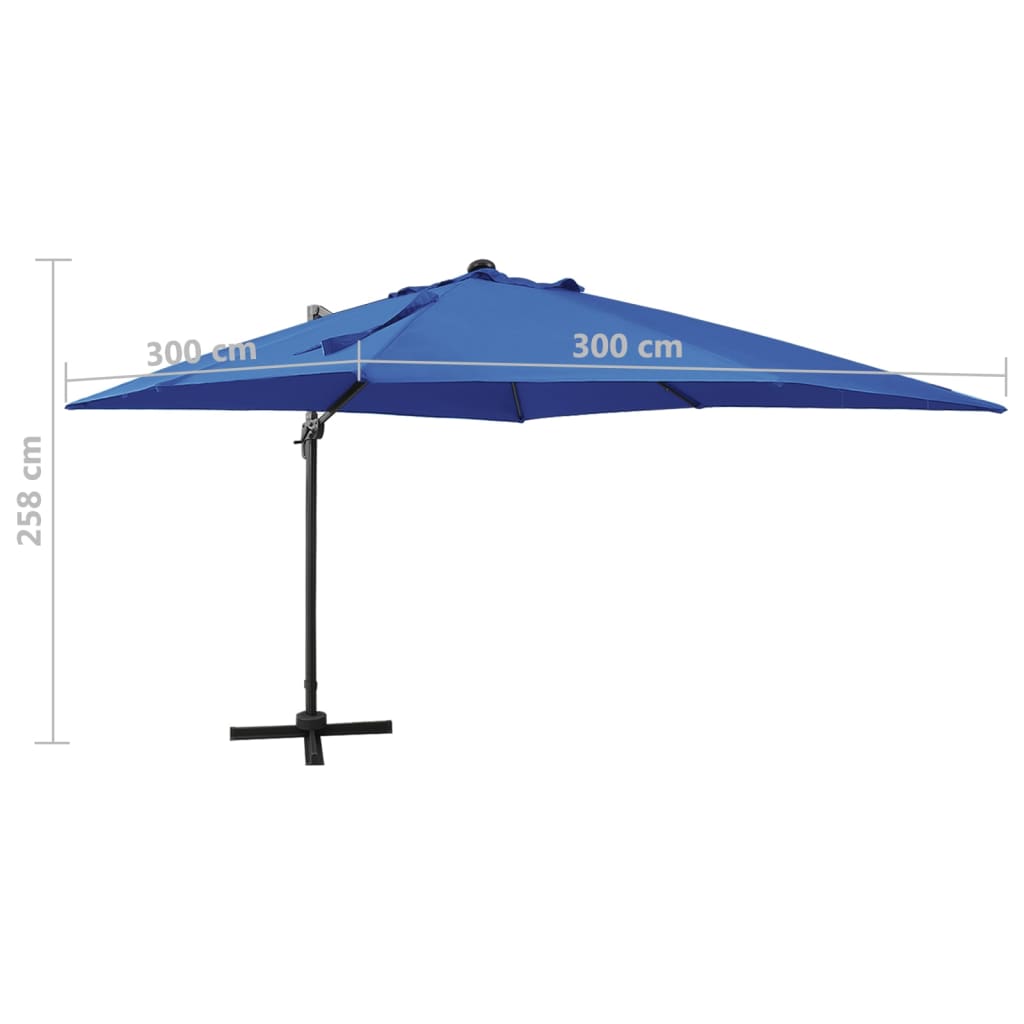 Parasol déporté avec mât et lumières LED Bleu azur 300 cm