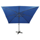 Parasol déporté avec mât et lumières LED Bleu azur 300 cm