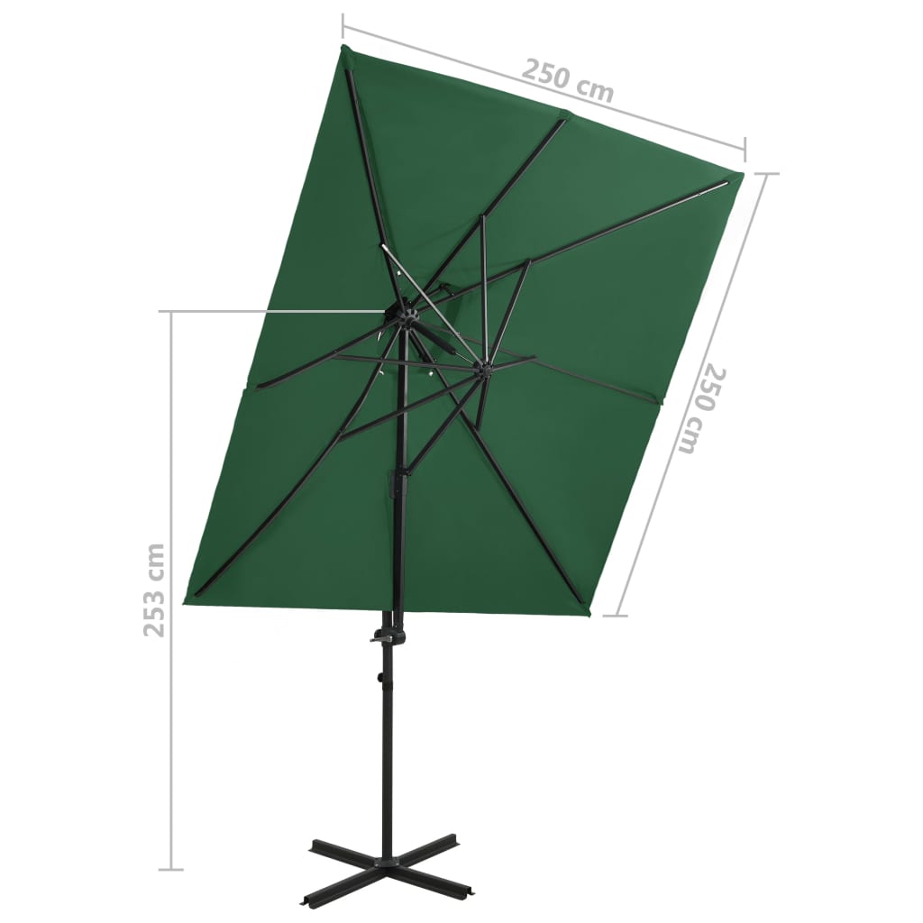 Parasol de jardin en porte-à-faux à double toit vert 250x250 cm