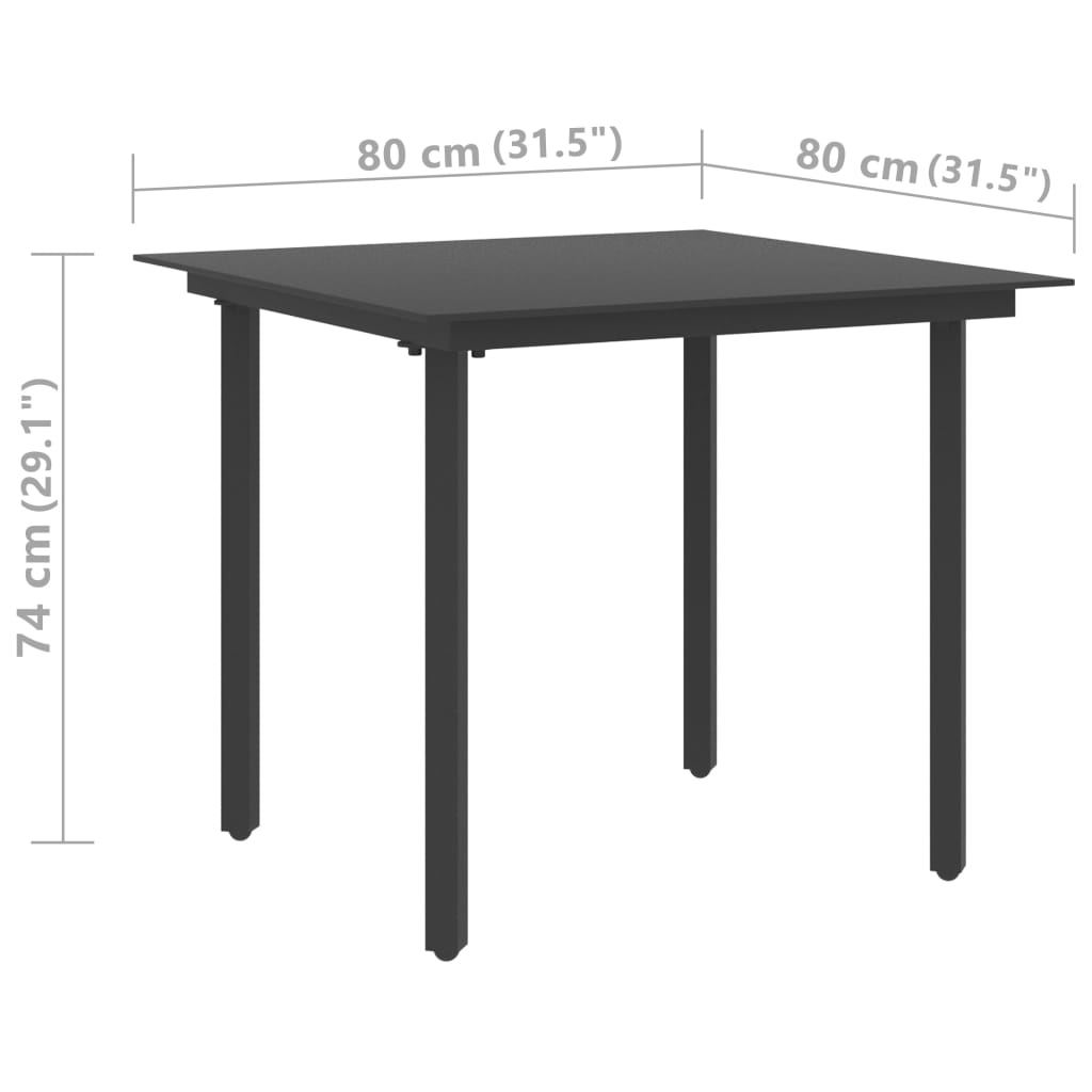 Table à dîner de jardin Noir 80x80x74 cm Acier et verre