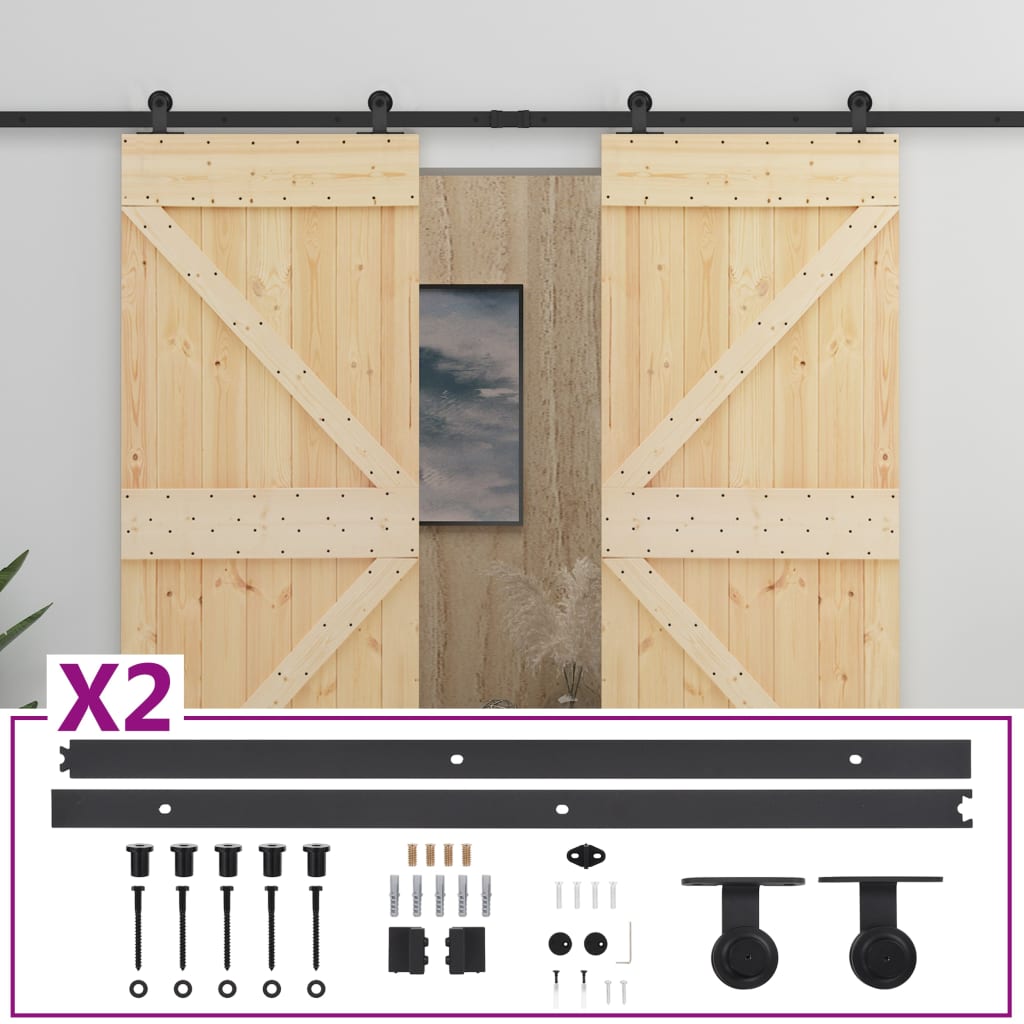 Porte coulissante avec kit de quincaillerie 90x210cm Pin massif