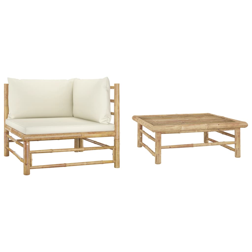 Salon de jardin 2 pcs avec coussins blanc crème Bambou