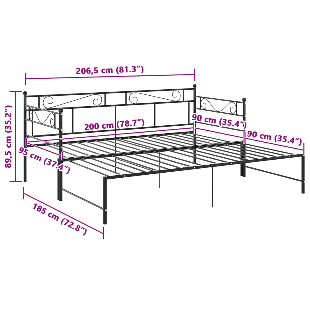 Extendable Sofa Bed Frame Without Mattress Black Metal 90x200cm