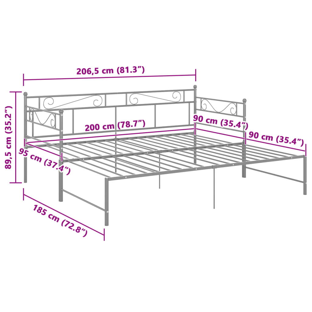 Extendable sofa bed frame without mattress gray metal 90x200cm