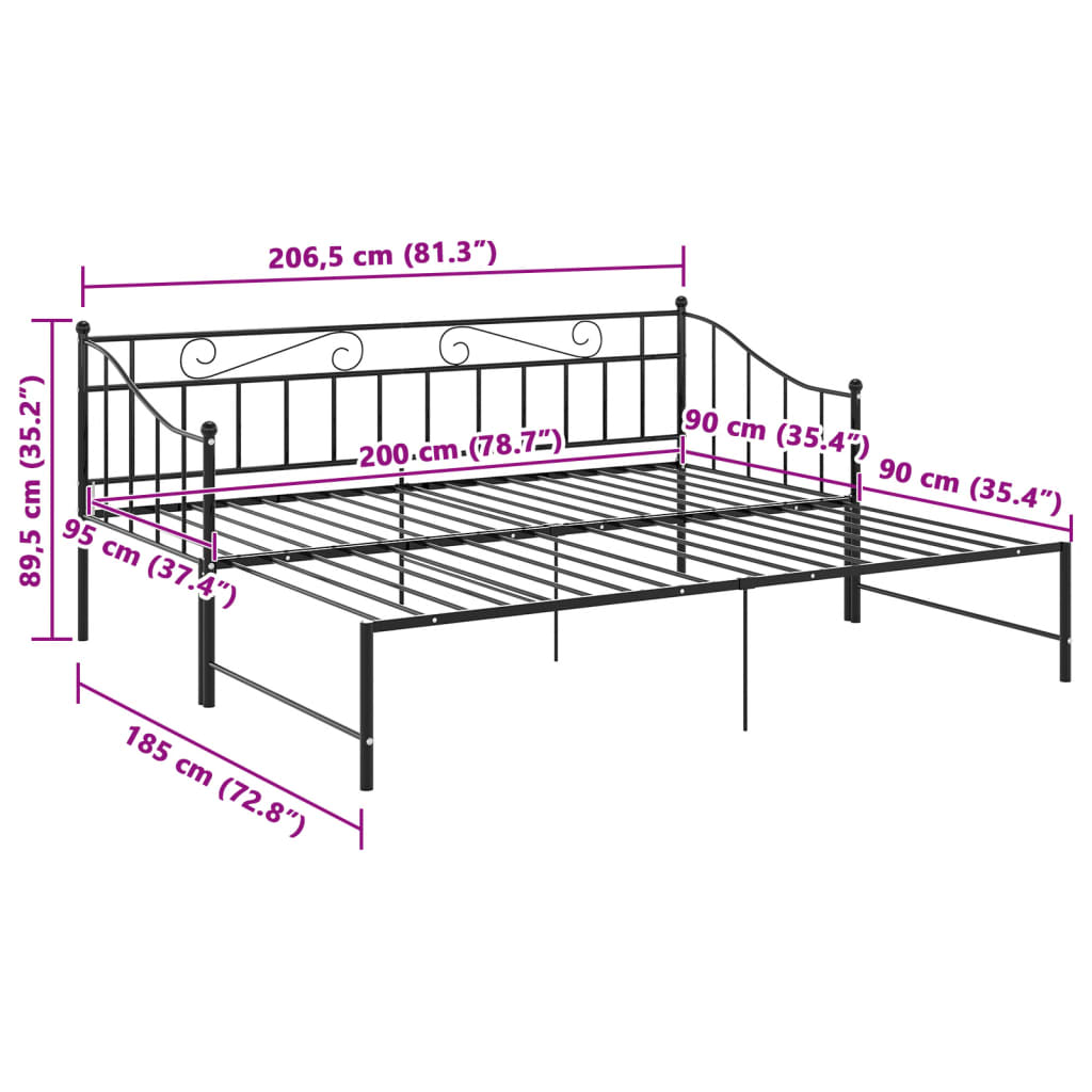 Extendable Sofa Bed Frame Without Mattress Black Metal 90x200cm