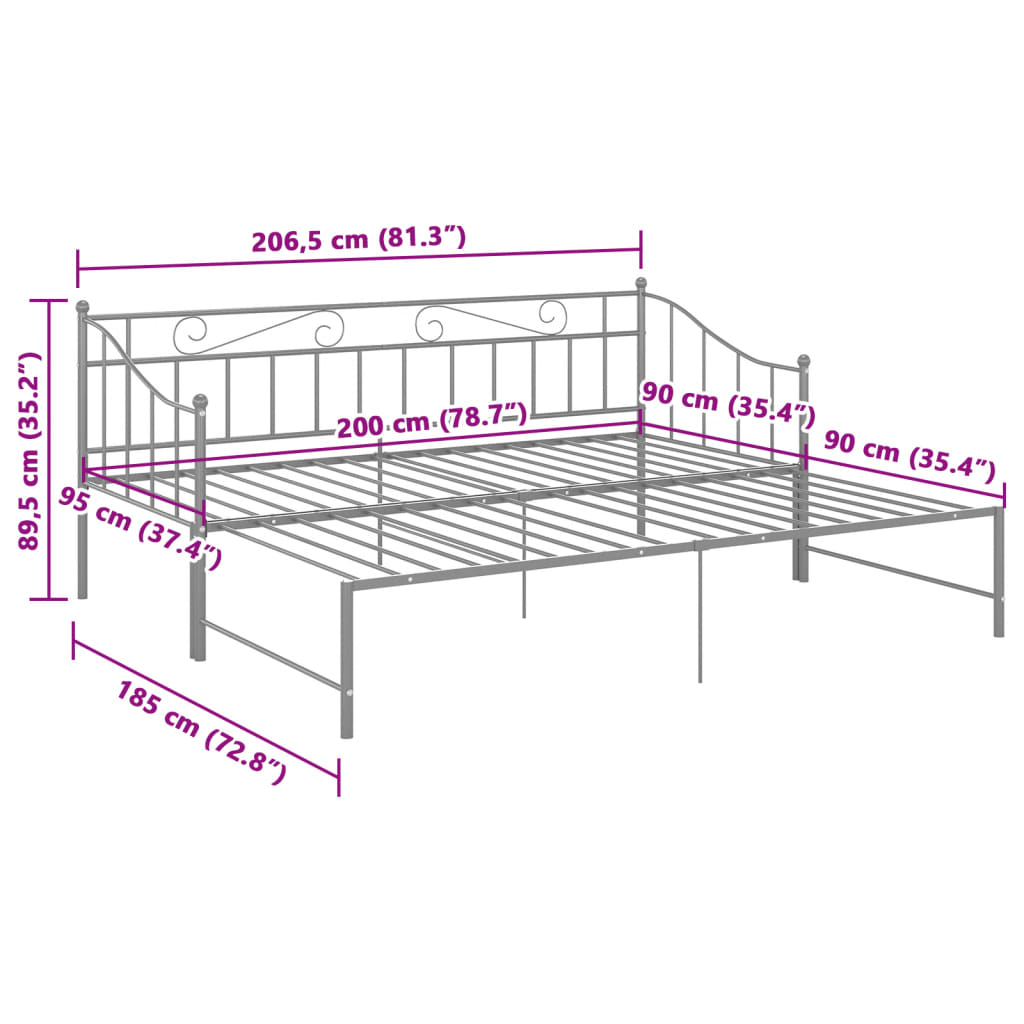 Extendable sofa bed frame without mattress gray metal 90x200cm