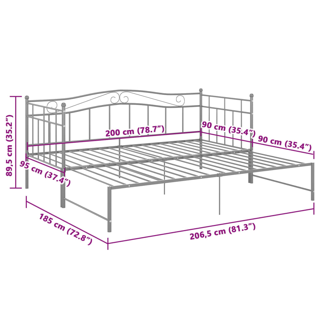 Extendable sofa bed frame without mattress gray metal 90x200cm