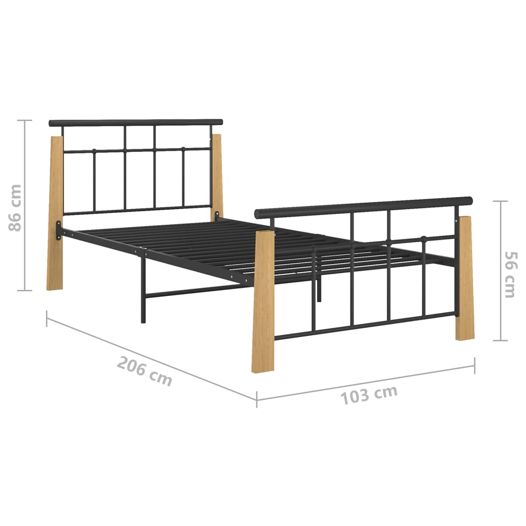 Cadre de lit sans matelas métal bois de chêne massif 90x200 cm