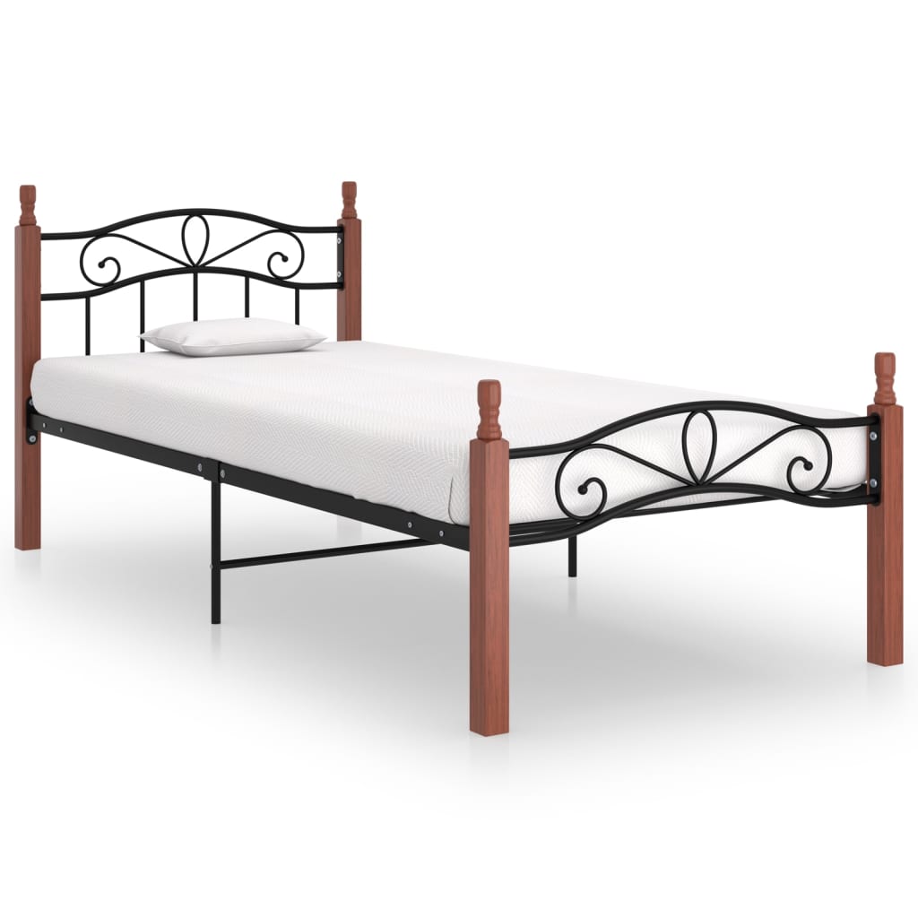 Cadre de lit sans matelas noir métal bois chêne massif 90x200cm