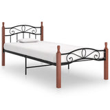 Cadre de lit sans matelas noir métal bois chêne massif 90x200cm