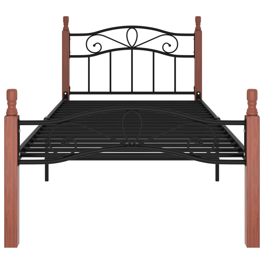 Cadre de lit sans matelas noir métal bois chêne massif 90x200cm