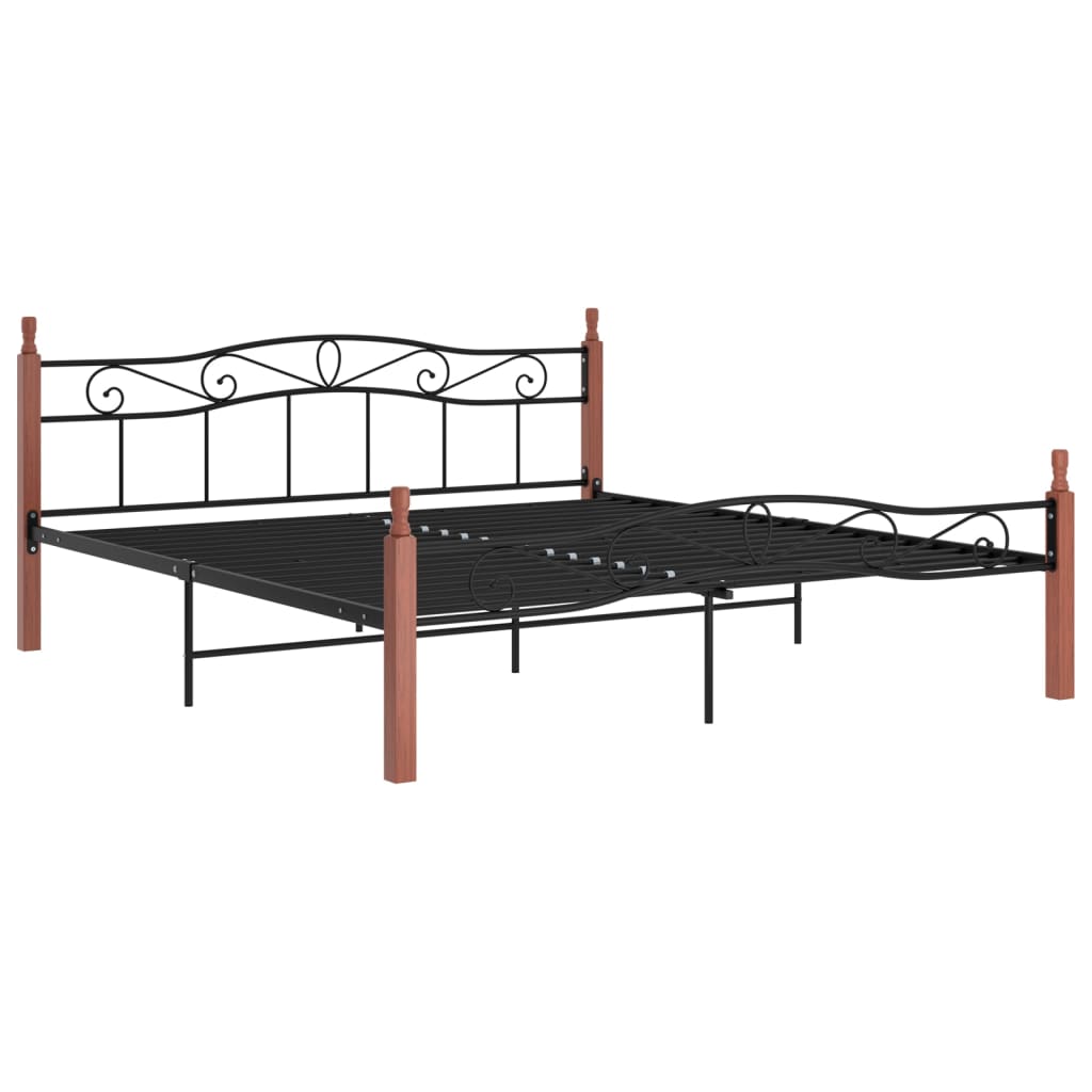 Cadre de lit sans matelas noir métal bois chêne 200x200 cm