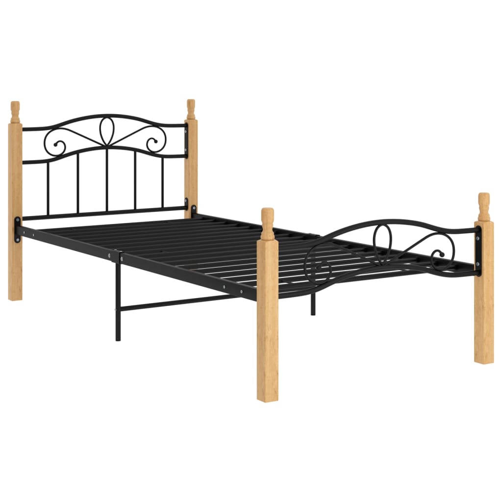 Bed frame without mattress black metal solid oak wood 90x200cm