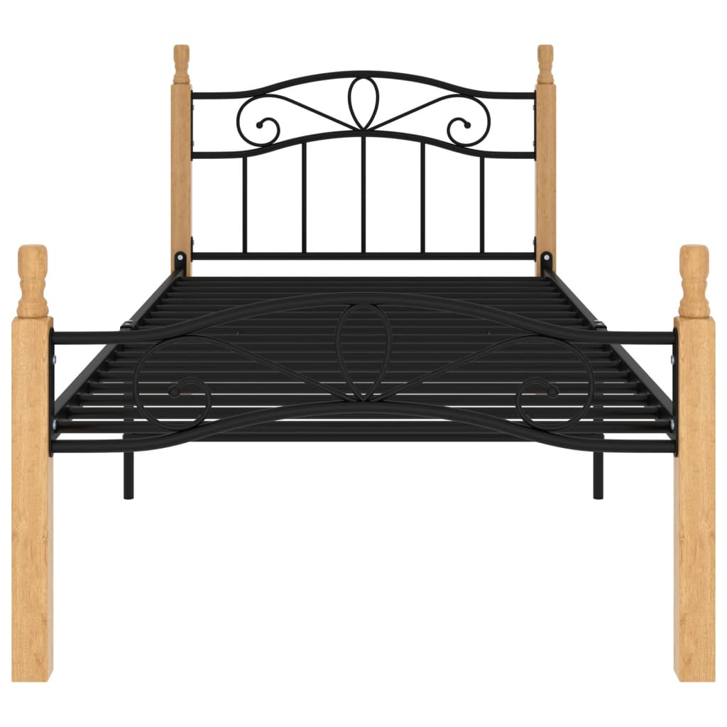 Bed frame without mattress black metal solid oak wood 90x200cm