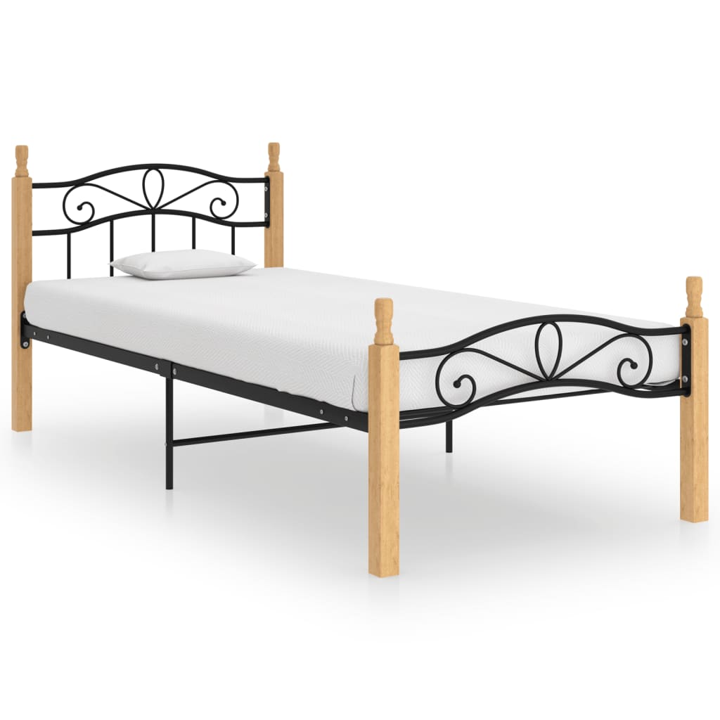 Cadre de lit sans matelas noir métal bois chêne 100x200 cm