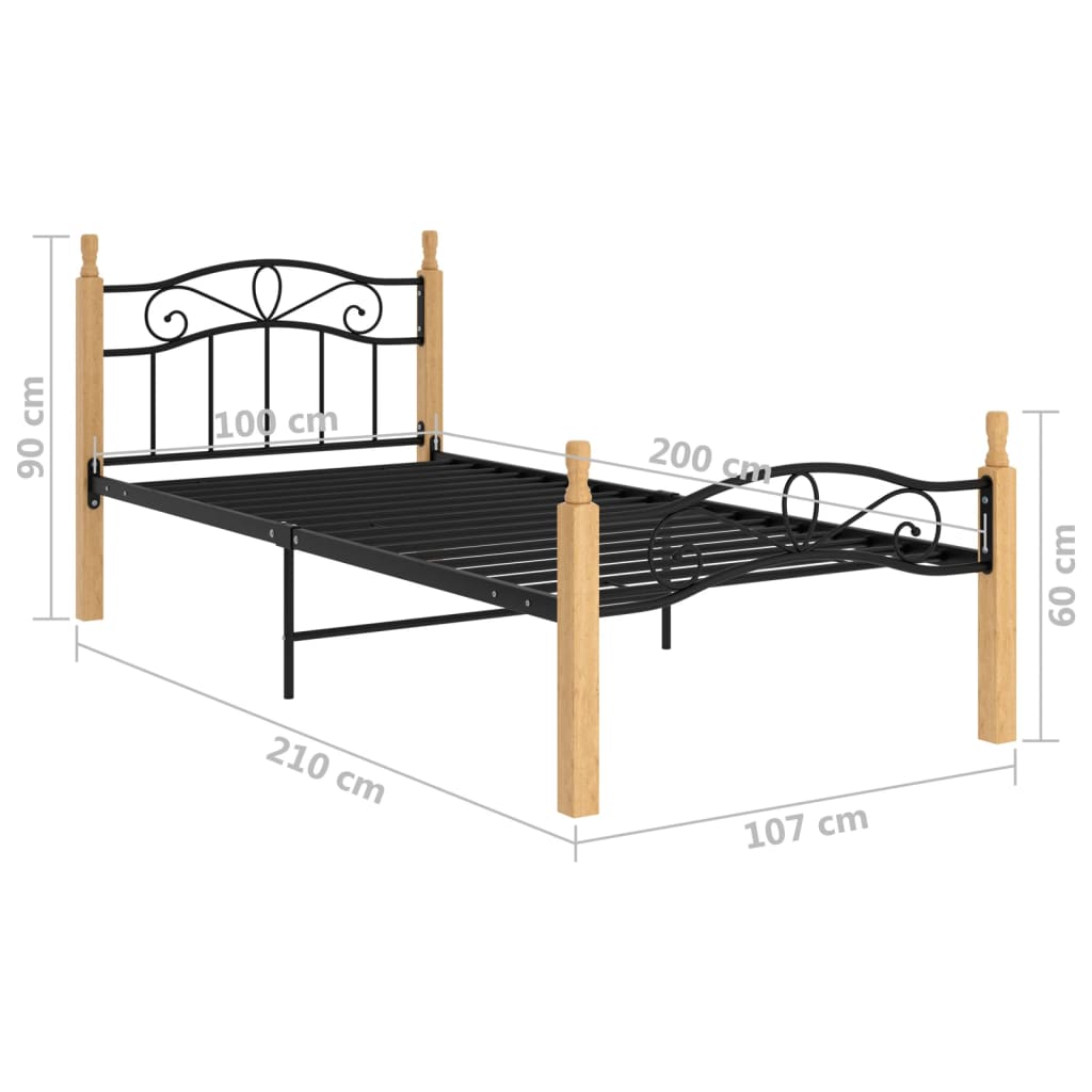 Cadre de lit sans matelas noir métal bois chêne 100x200 cm