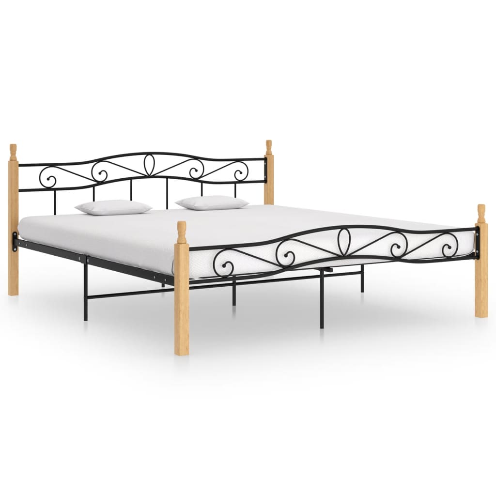 Cadre de lit sans matelas noir métal bois chêne 180x200 cm