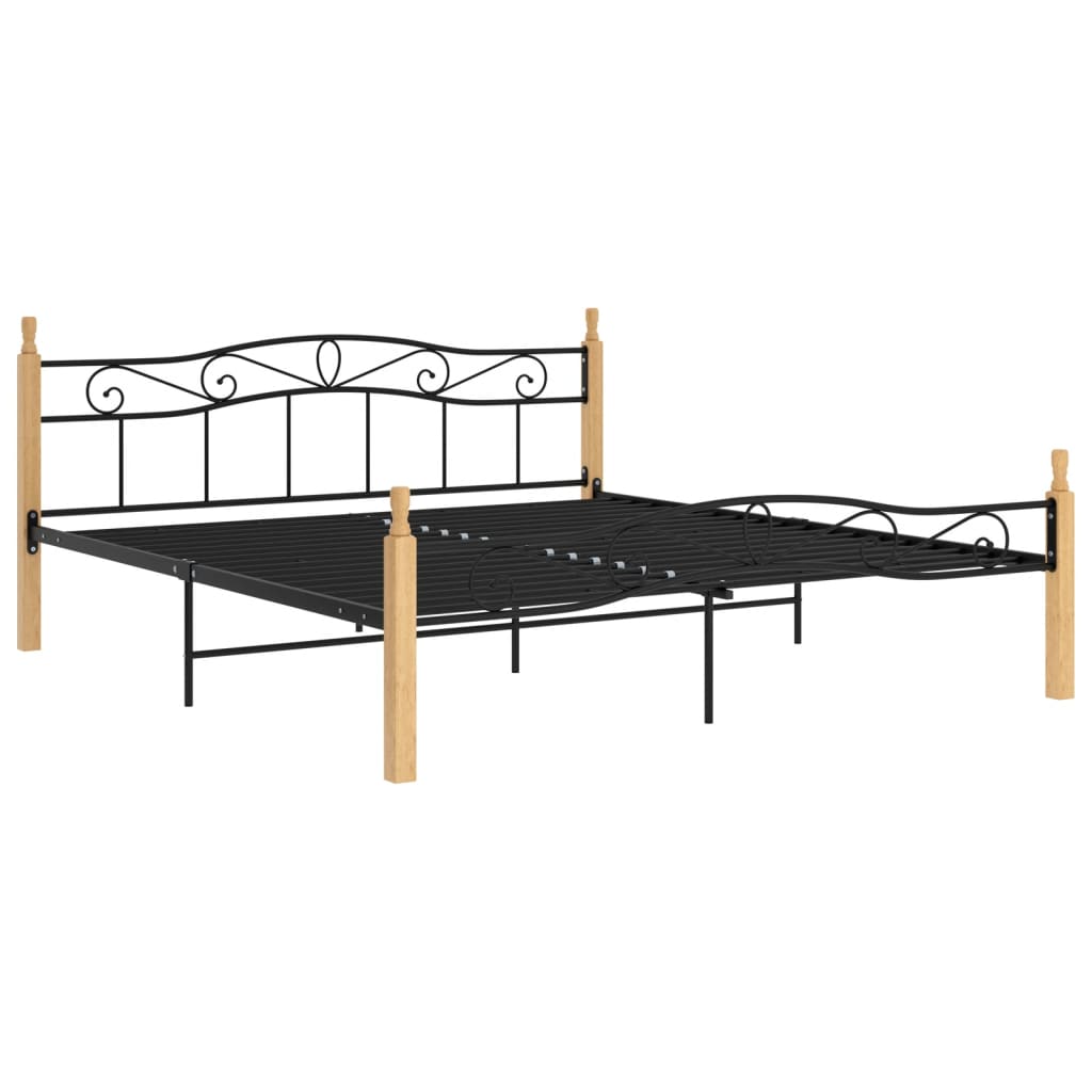 Cadre de lit sans matelas noir métal bois chêne 200x200 cm