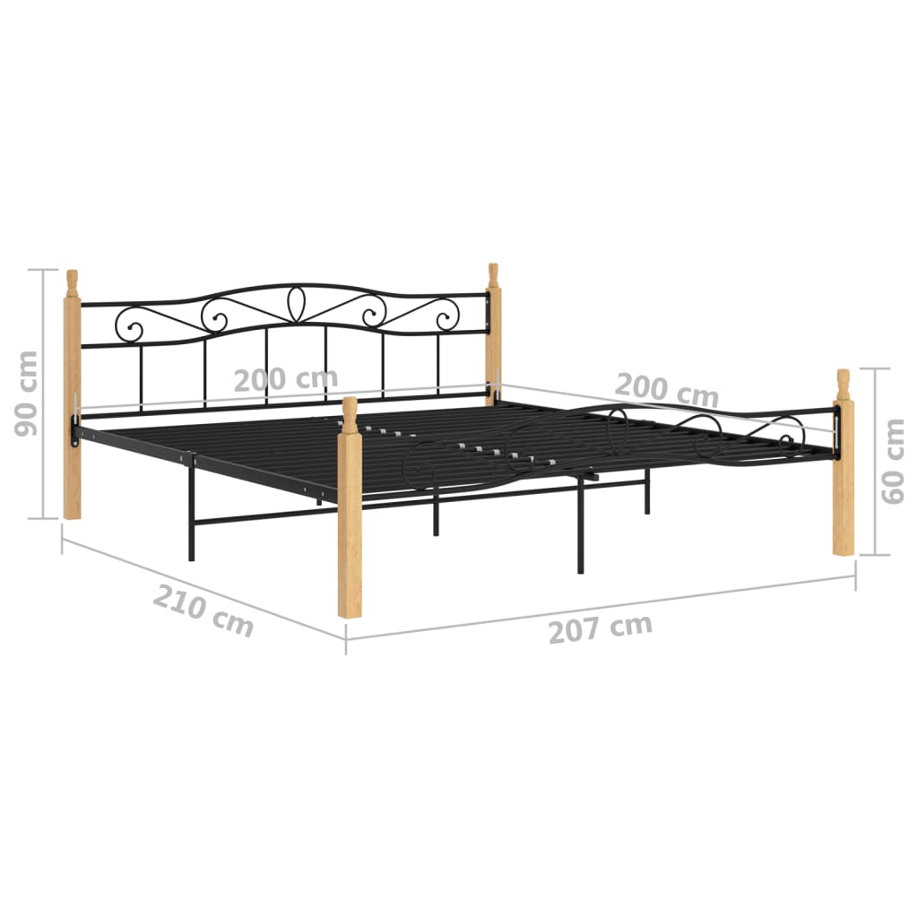 Cadre de lit sans matelas noir métal bois chêne 200x200 cm