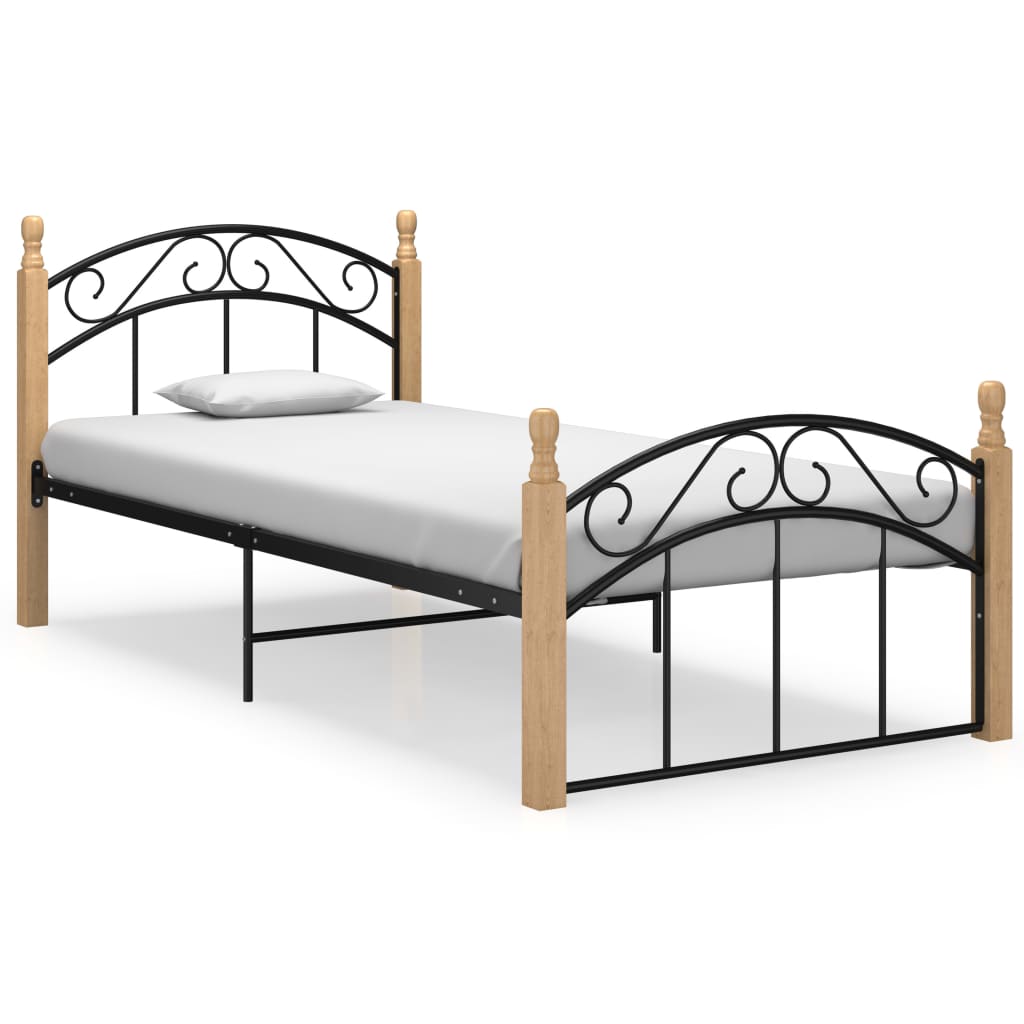 Cadre de lit sans matelas noir métal bois chêne massif 90x200cm