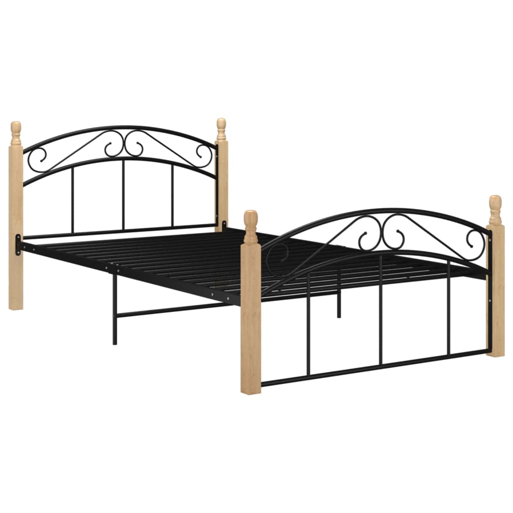 Cadre de lit sans matelas noir métal bois chêne 120x200 cm