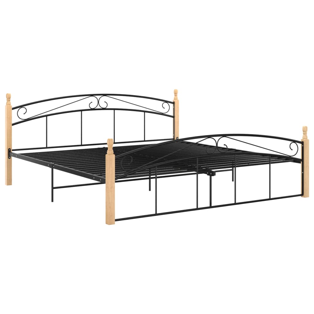 Bed frame without mattress black metal wood oak 180x200 cm