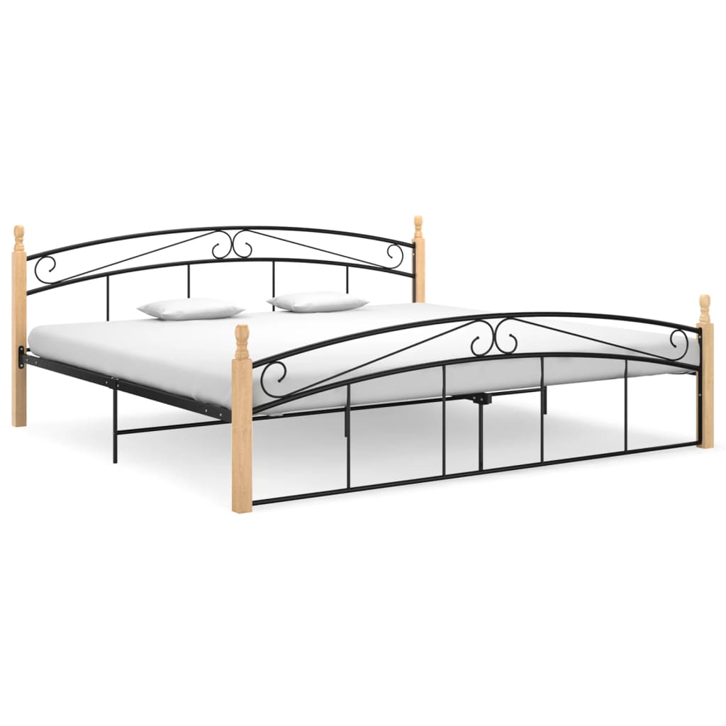 Bed frame without mattress black metal wood oak 200x200 cm