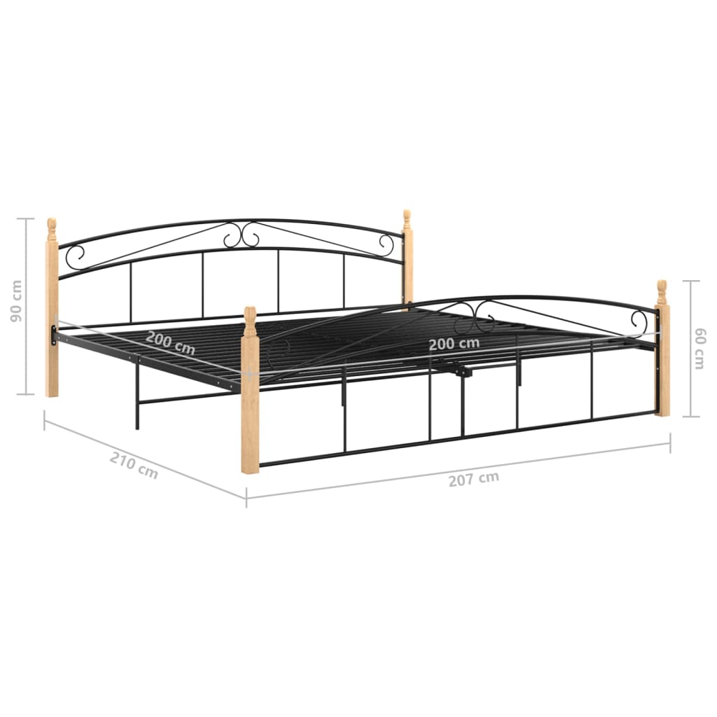 Bed frame without mattress black metal wood oak 200x200 cm