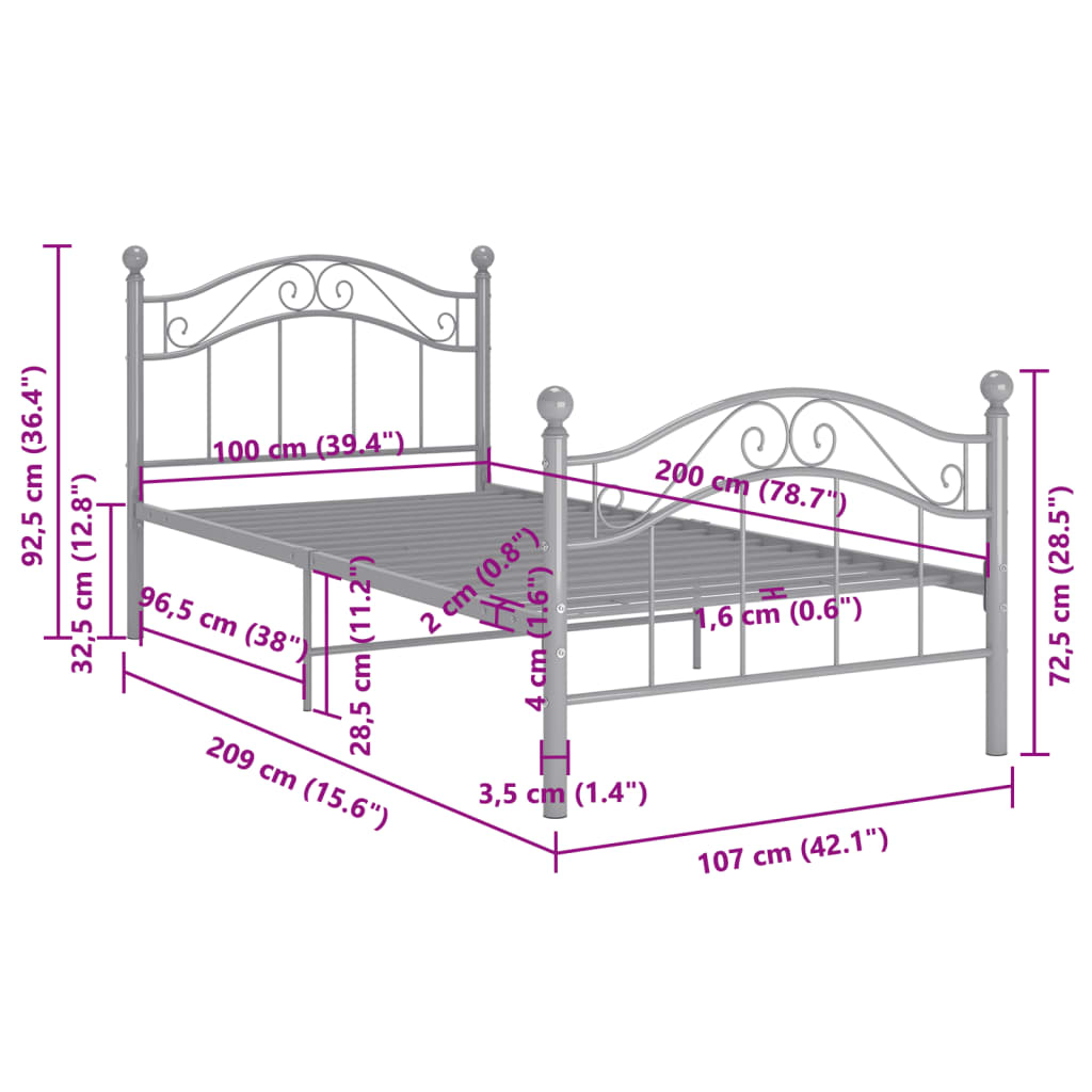 Cadre de lit sans matelas gris métal 100x200 cm