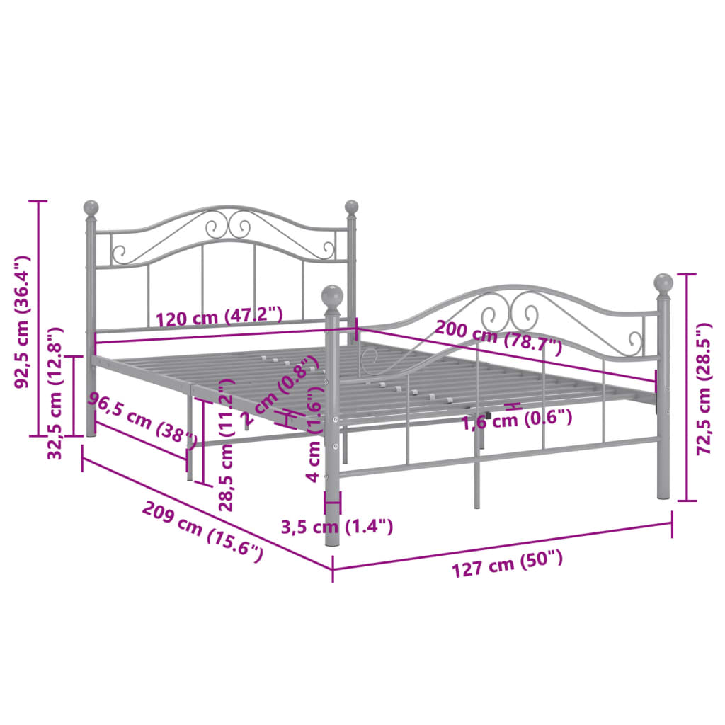 Cadre de lit sans matelas gris métal 120x200 cm