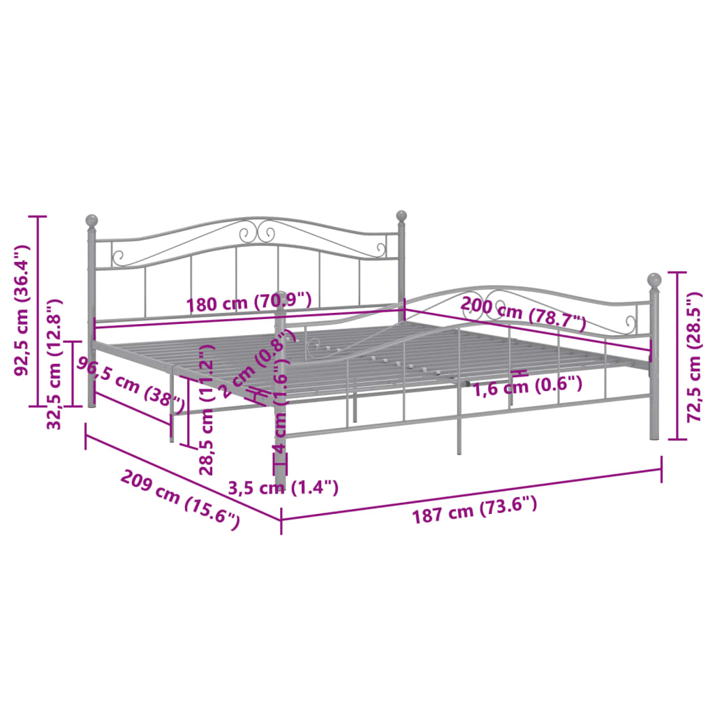 Grey Metal Bed Frame 180x200 cm