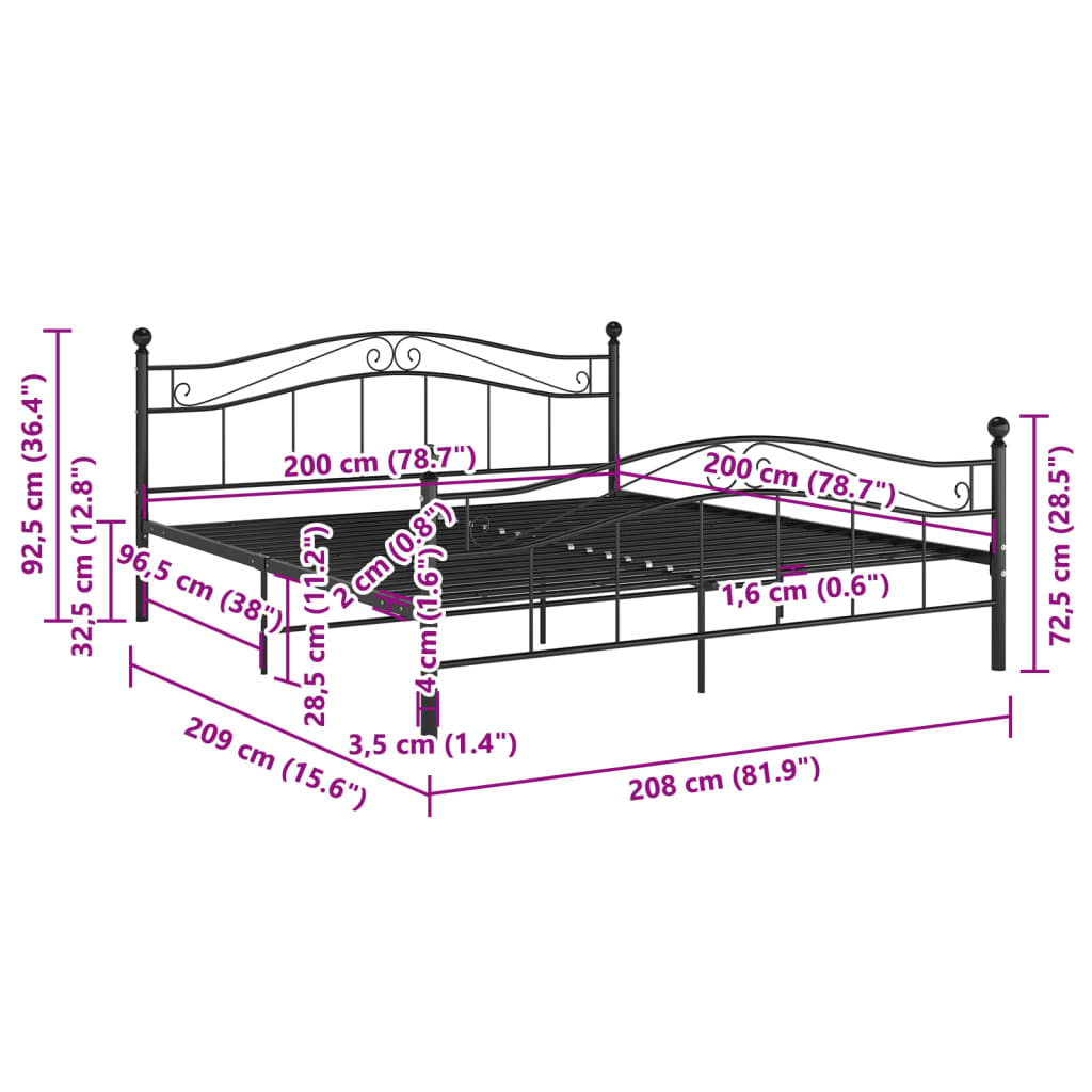 Black Metal Bed Frame 200x200 cm