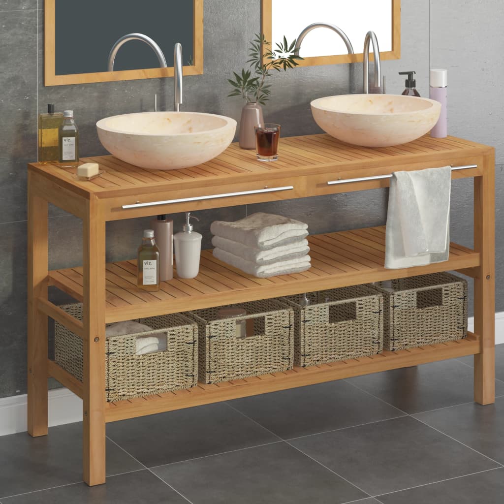 Armoire de toilette Teck solide avec lavabos en marbre Crème