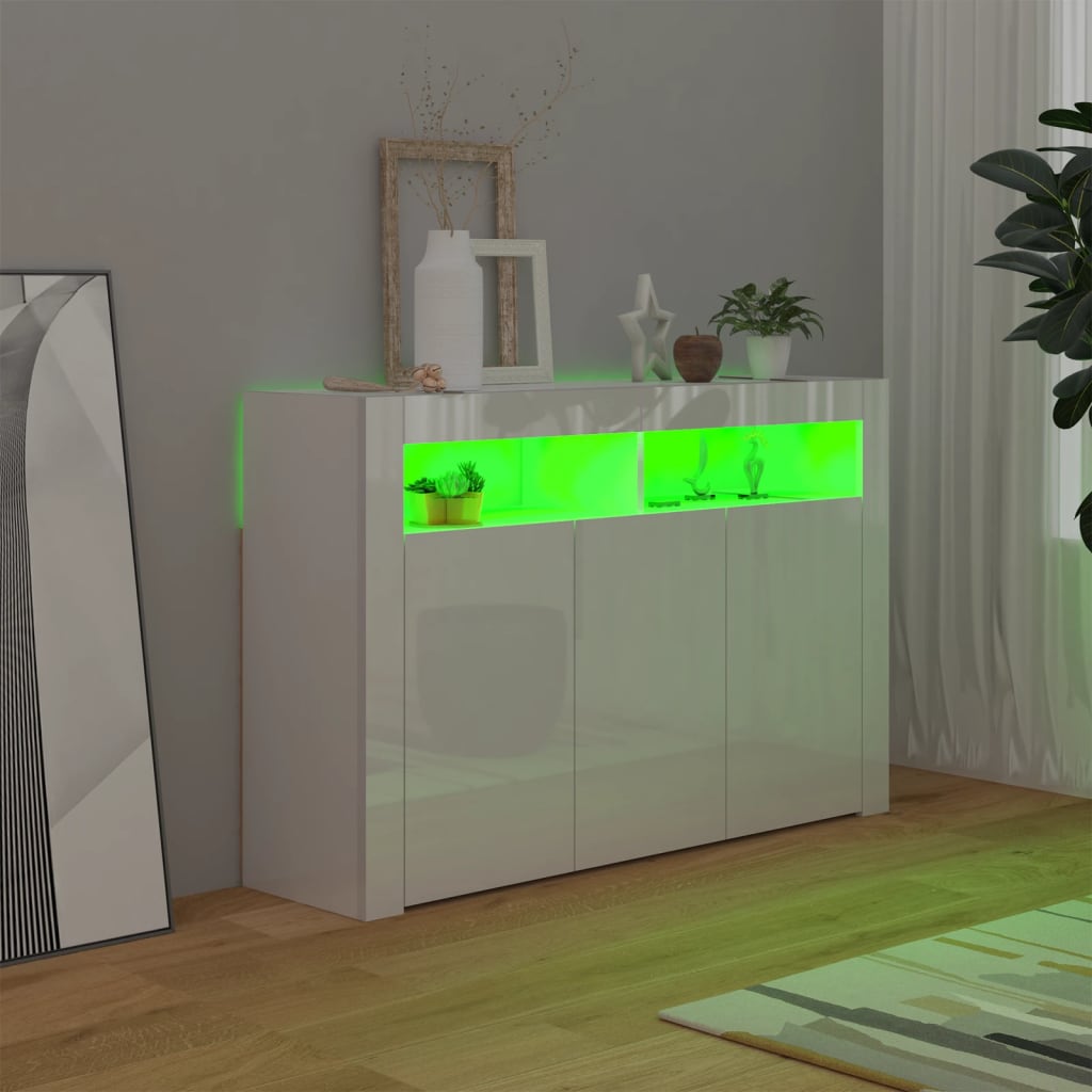 Buffet avec lumières LED blanc brillant 115,5x30x75 cm