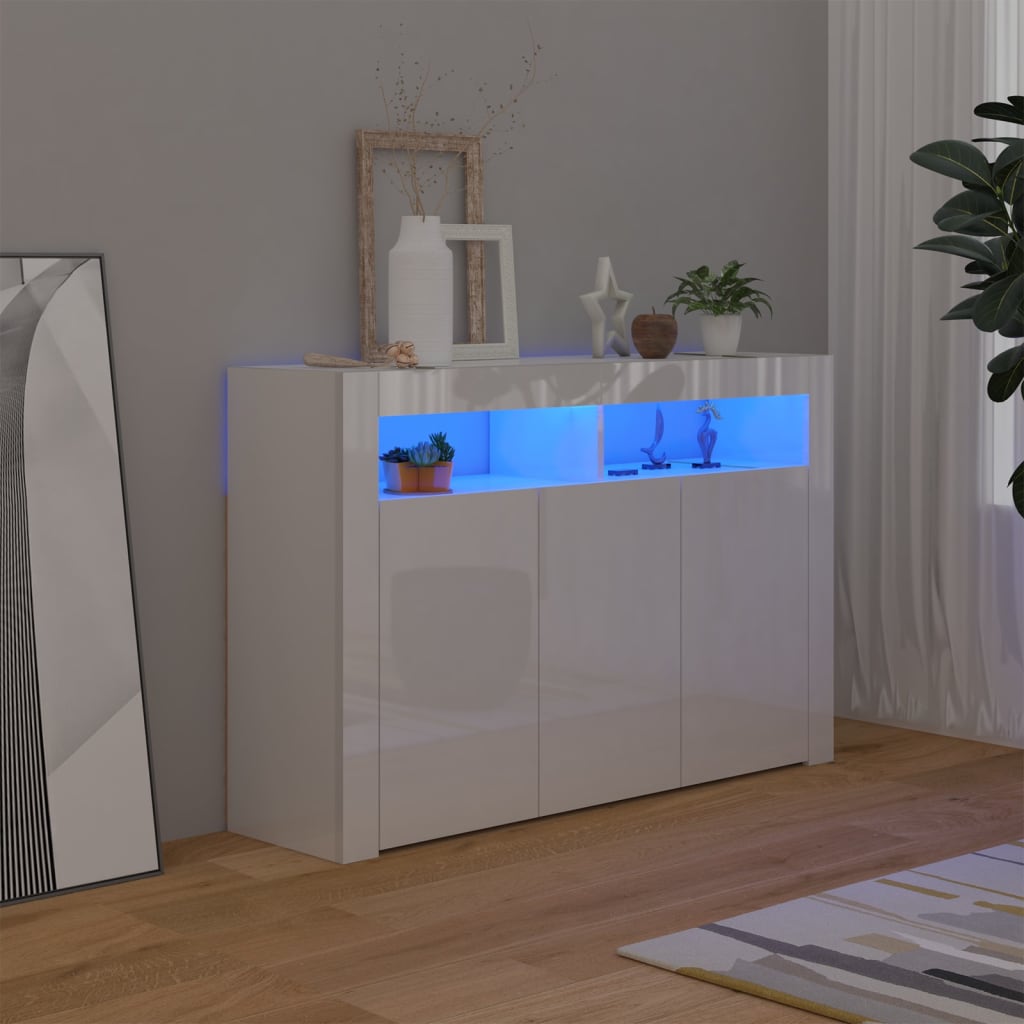 Buffet avec lumières LED blanc brillant 115,5x30x75 cm