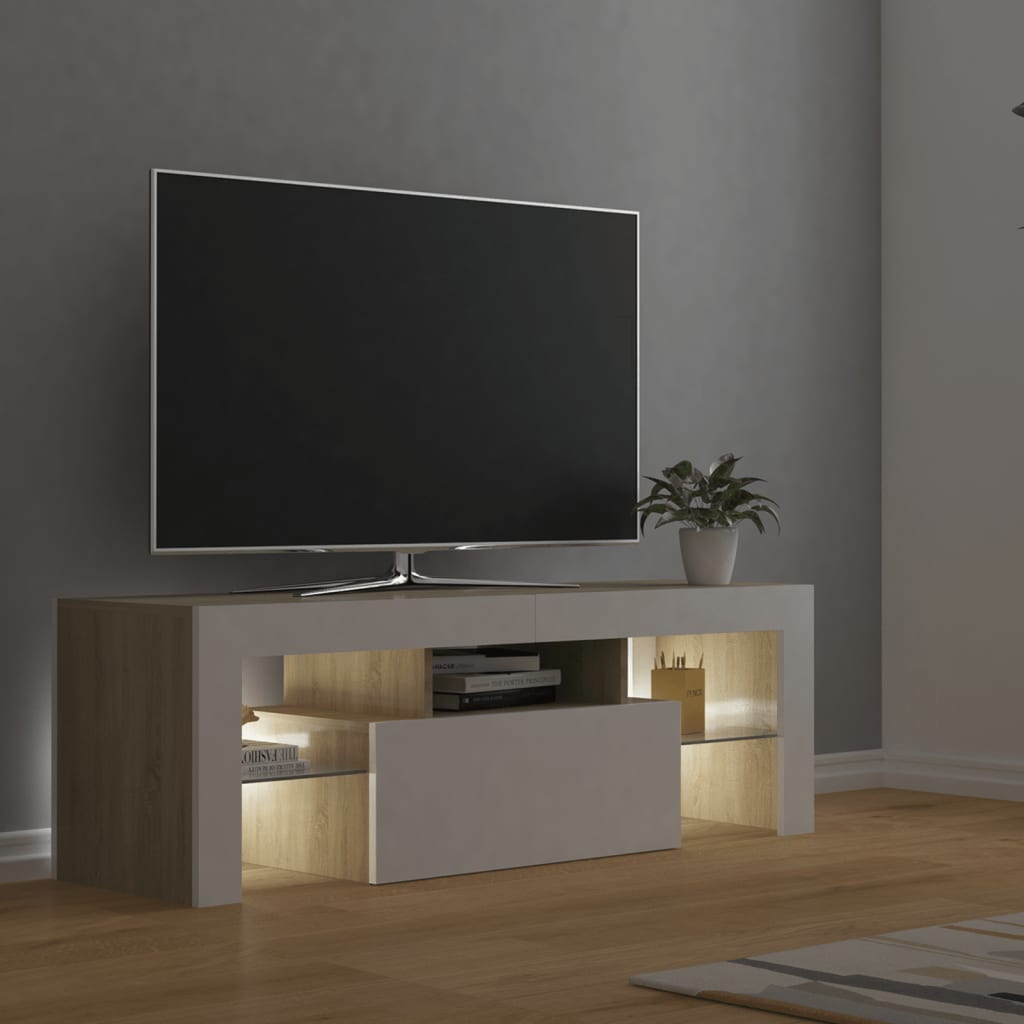 Meuble TV avec lumières LED blanc et chêne sonoma 120x35x40 cm