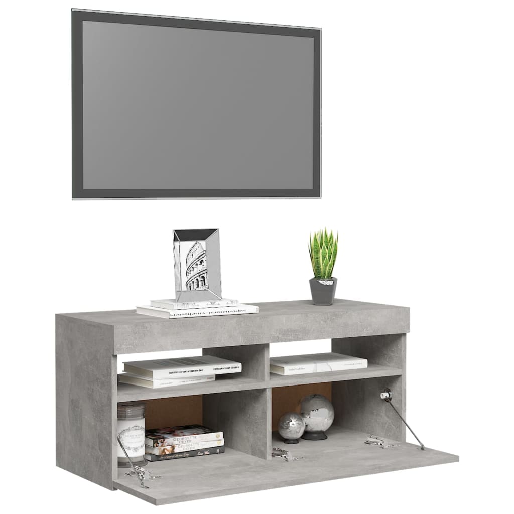 Meuble TV avec lumières LED gris béton 90x35x40 cm