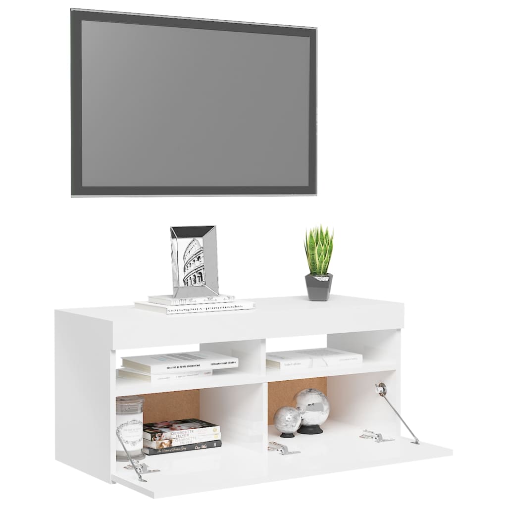 Meuble TV avec lumières LED blanc brillant 90x35x40 cm