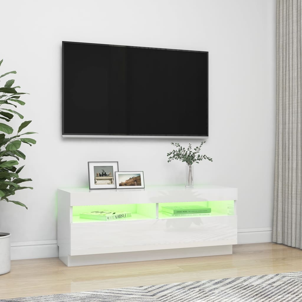 TV cabinet with LED lights glossy white 100x35x40 cm