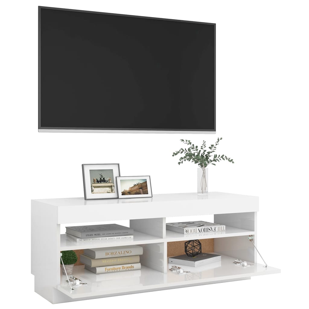 TV cabinet with LED lights glossy white 100x35x40 cm