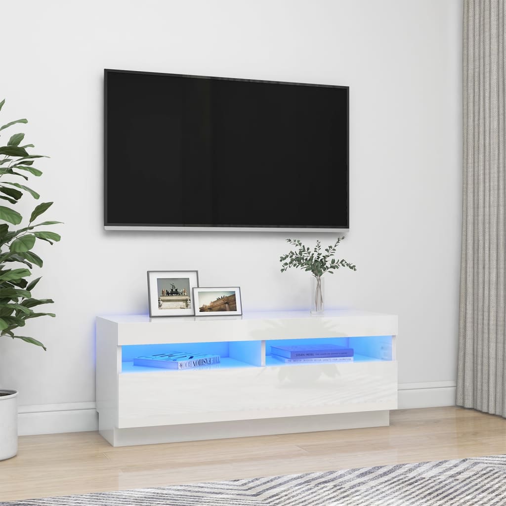 TV cabinet with LED lights glossy white 100x35x40 cm