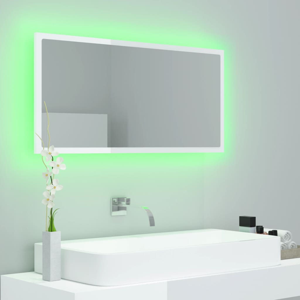 Miroir à LED de bain Blanc brillant 90x8,5x37 cm Acrylique